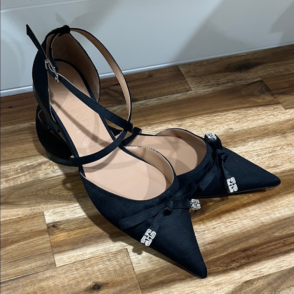 Ganni Black Satin Pointed Slingback Heels with Crystal Accents